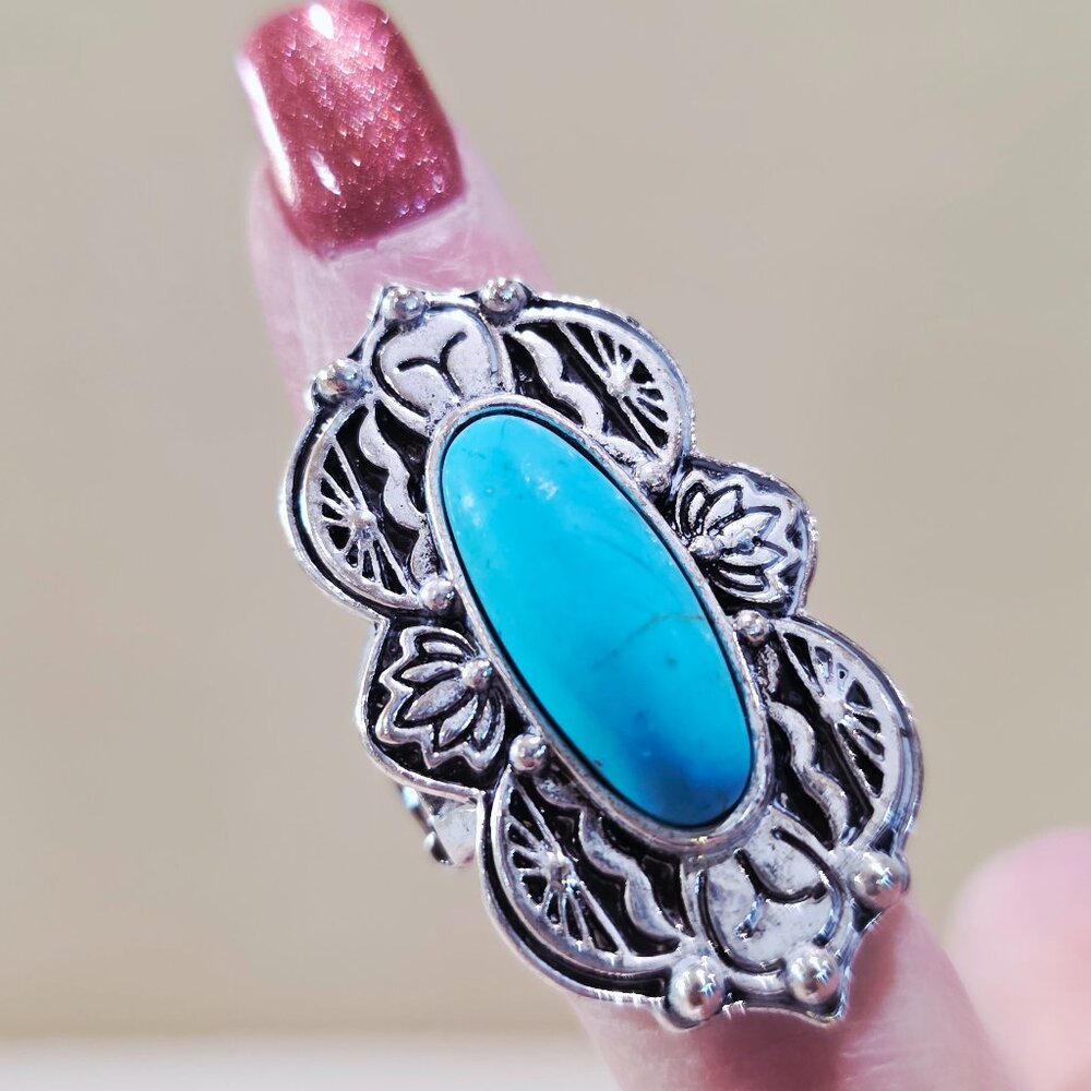 OSFA Chunky Silver Oval Faux Turquoise SW Western Style Adjustable Fashion Ring
